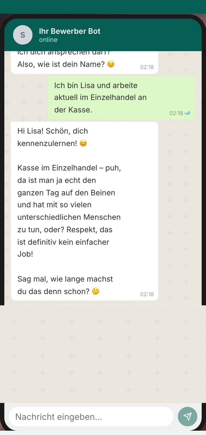Chat mit dem SORUM Bewerber-Agent, der auf Antworten eingeht und nachfragt