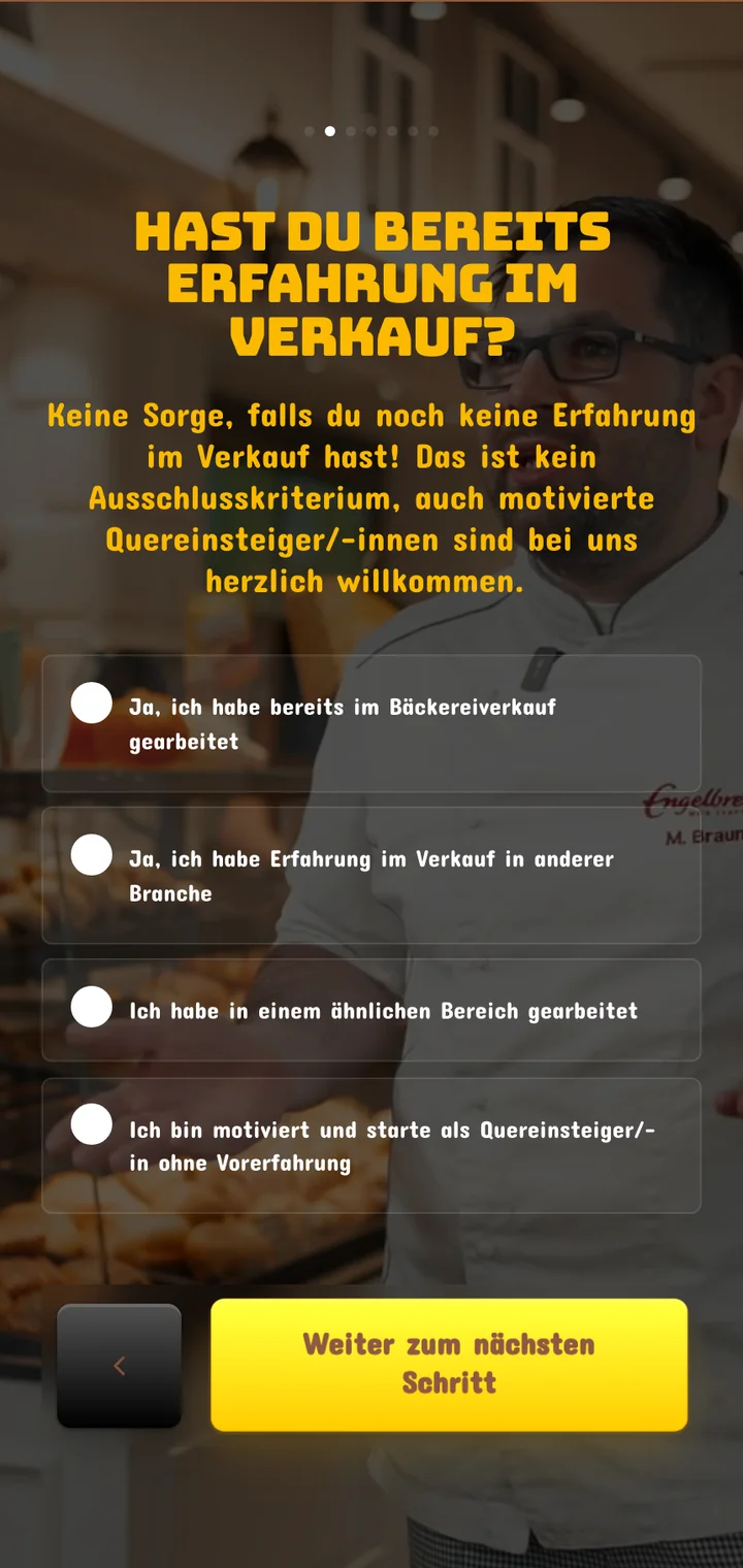 Bewerbungsformular der Engelbrecht-Karriereseite mit Auswahlfragen
